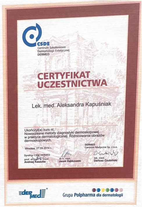 Certyfikat Aleksandra Kapuśniak