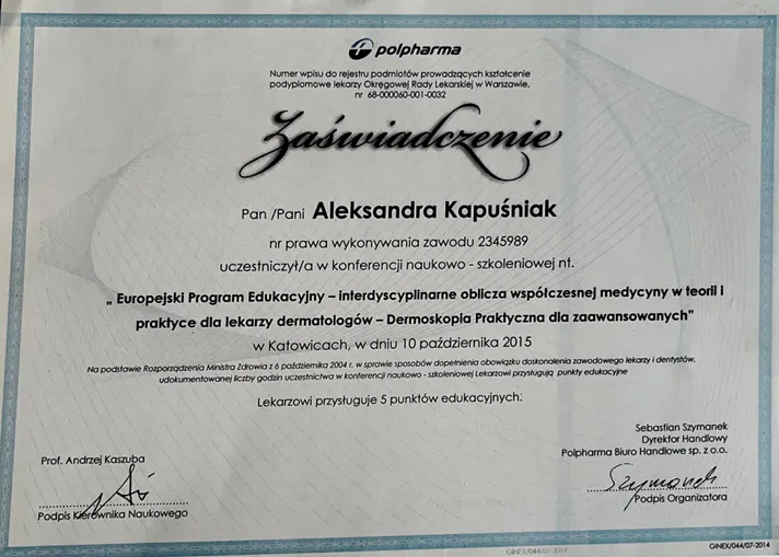 Certyfikat Aleksandra Kapuśniak