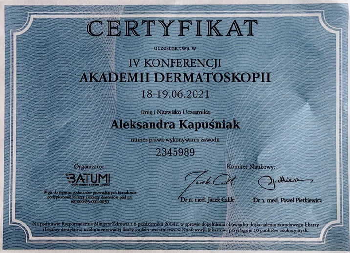 Certyfikat Aleksandra Kapuśniak