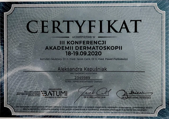 Certyfikat Aleksandra Kapuśniak
