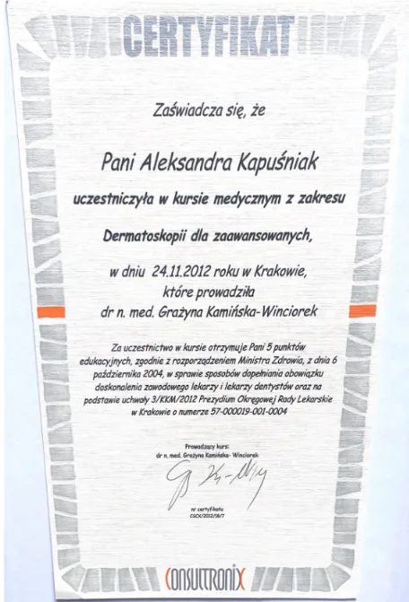 Certyfikat Aleksandra Kapuśniak