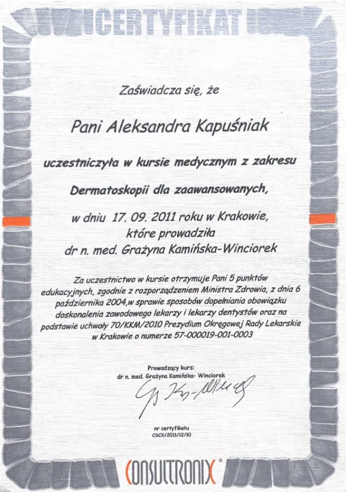 Zaświadczenie Aleksandra Kapuśniak