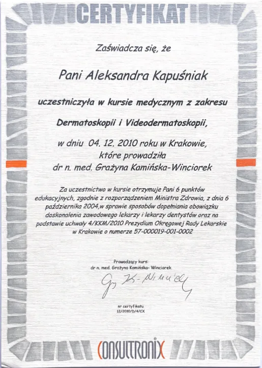 Zaświadczenie Aleksandra Kapuśniak